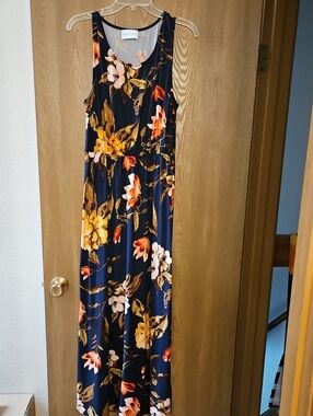 French Grey Navy Floral Sleeveless Maxi Dress